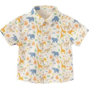 DAVE&BELLA Baby Boys' Short Sleeve Button Down Shirt Animal Print Casual Collared Dress Shirts Cotton Tops with Chest Pocket