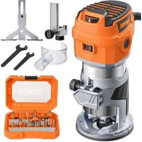 Alloyman Router Tool, 8.5Amp Wood Router, Max 30000 RPM Handheld Palm Router, 6 Variable Speed, 12Pcs Wood Compact Router Bits, 950W Wood Trim Routers Kit for Woodworking Trimming