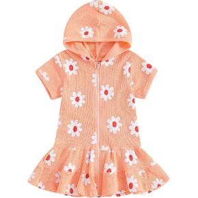 Toddler Girl Swim Cover Up Ruffle Hem Hooded Tops Short Sleeve Strawberry Print Zipper Swim Dress Baby Bathing Suit