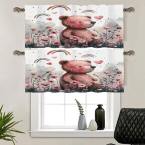 2 Pack Rainbow Bear Flower Window Valances, Rod Pocket Cute Cartoon Forest Animal Window Treatment Short Curtains for Kitchen/Bathroom/Living Room, 54" W X 18" L