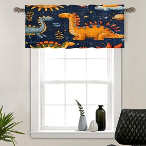 Cute Cartoon Space Dinosaur Window Valances, Rod Pocket Playful Star Moon Animal Window Treatment Short Curtains for Kitchen/Bathroom/Living Room, 54" W X 18" L