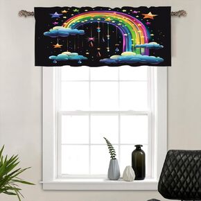 Cartoon Star Rainbow Window Valances, Rod Pocket Playful Cloud Starry Sky Window Treatment Short Curtains for Kitchen/Bathroom/Living Room, 54" W X 18" L