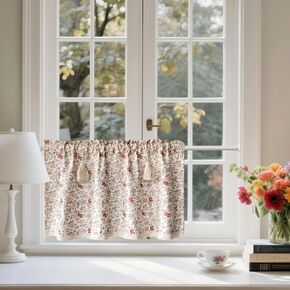 Gxi Tassel Cotton Kitchen Curtain Valance 20 inch for Small Windows Peach Floral Print Cafe Curtain Short Vintage French Rod Pocket Voile Farmhouse Window Treatment Tiers 1 Panel W39 x L20 inch