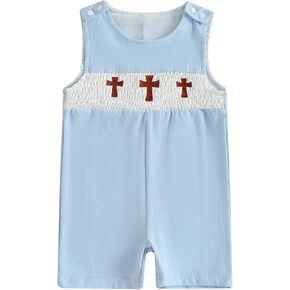 Baby Boy Baptism Outfit Newborn Summer Overalls Cross Doll Collar Jumpsuit Romper Bodysuit Cute One Piece Clothes