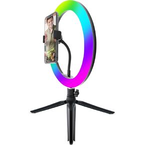 Monster 10" Multicolor LED Ring Light Smartphone Mount with Folding Tripod Stand, Multiple Brightness/Color/White Settings, Flexible Gooseneck, Ideal for Videos/Live Streaming, USB-Powered