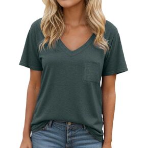Womens Short Sleeve Shirts Summer Dressy Casual Flowy Tops Loose Fit Basic Tee Trendy Fashion Blouses with Pocket