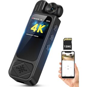 4K Body Camera with Audio and Video Recording: Body Cam, WiFi Support, Night Vision, 180° Rotating Lens, 7Hr Battery Bodycam, Wearable Pocket Camera for Outdoor Sport Bike Travel (128GB)