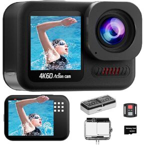 4K60FPS Waterproof Action Camera,48MP 15M Bare Underwater Camera with 64GB Card,8X Zoom Touch Screen SportsCamera,6-axis EIS Motorcycle Camera with Remote Control Distortion Correction