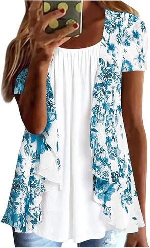 Women Summer Plus Size Short Sleeve Tops Fake Two Piece Loose Pleated Layered Blouse Shirt Hide Belly Tunic Tops in Kuwait