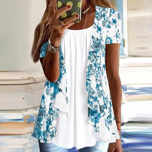 Women Summer Plus Size Short Sleeve Tops Fake Two Piece Loose Pleated Layered Blouse Shirt Hide Belly Tunic Tops in Kuwait