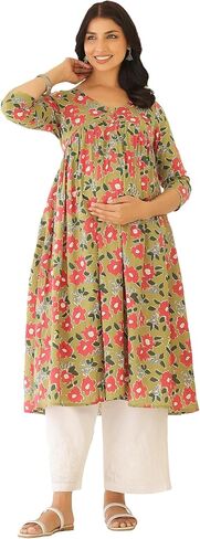 Janasya Indian Women's Maternity Kurta Kurti for Women Pure Cotton Sage Floral Regular Casual Calf Length Maternity Clothes in Saudi Arabia