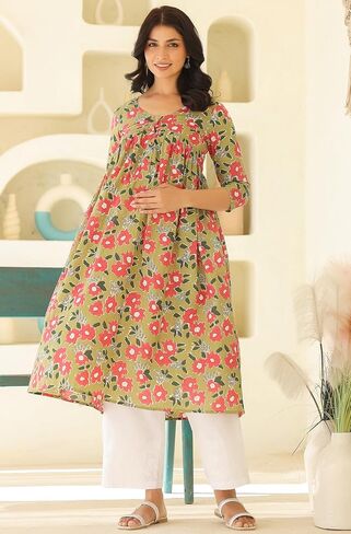 Janasya Indian Women's Maternity Kurta Kurti for Women Pure Cotton Sage Floral Regular Casual Calf Length Maternity Clothes in Saudi Arabia
