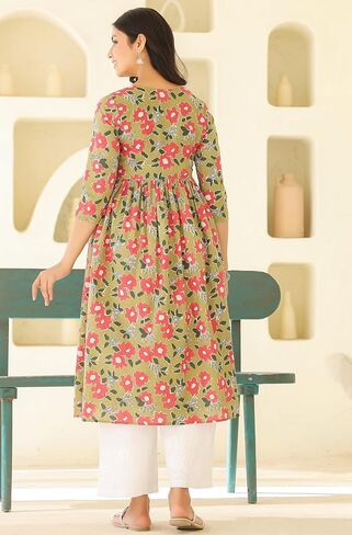 Janasya Indian Women's Maternity Kurta Kurti for Women Pure Cotton Sage Floral Regular Casual Calf Length Maternity Clothes in Saudi Arabia