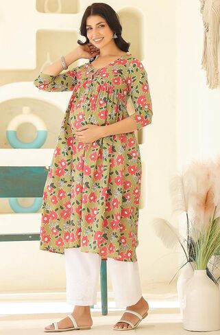 Janasya Indian Women's Maternity Kurta Kurti for Women Pure Cotton Sage Floral Regular Casual Calf Length Maternity Clothes in Saudi Arabia
