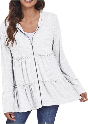 Women's Zip Up Blouses Long Sleeve V Neck Dressy Peplum Casual Tops Babydoll Shirts Fashion Lightweight Hoodies in Saudi Arabia