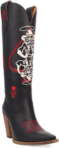 Dingo Womens Ace Of Spades Embroidered Snip Toe Casual Boots Knee High Mid Heel 2-3" - Black in Saudi Arabia