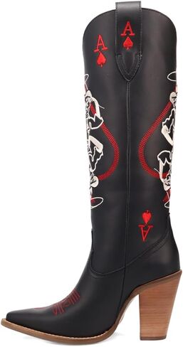 Dingo Womens Ace Of Spades Embroidered Snip Toe Casual Boots Knee High Mid Heel 2-3" - Black in Saudi Arabia