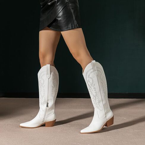 Amoji Women Western Cowboy Boots Pointed Toe Cowgirl Knee High Boots Pull On With Zipper 307 in Saudi Arabia