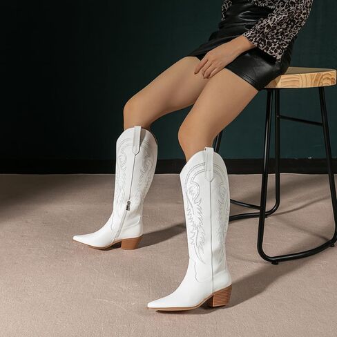 Amoji Women Western Cowboy Boots Pointed Toe Cowgirl Knee High Boots Pull On With Zipper 307 in Saudi Arabia