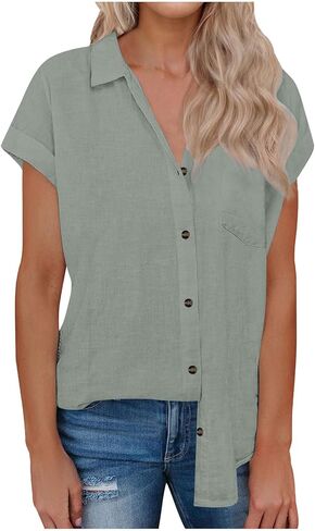 قمصان الكتان للنساء زر أسفل الأكمام القصيرة القطن collared v الرقبة أعمال الأعمال غير الرسمية مع الجيب in Kuwait