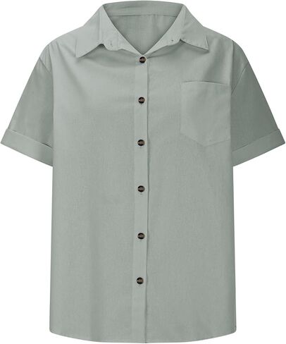 قمصان الكتان للنساء زر أسفل الأكمام القصيرة القطن collared v الرقبة أعمال الأعمال غير الرسمية مع الجيب in Kuwait