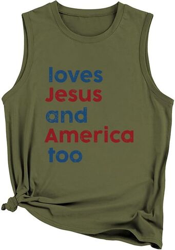 Women's Summer Loves and America Too Lettering Printed Round Neck Sleeveless Tank Top 2X Tunic Tops for Women in Saudi Arabia