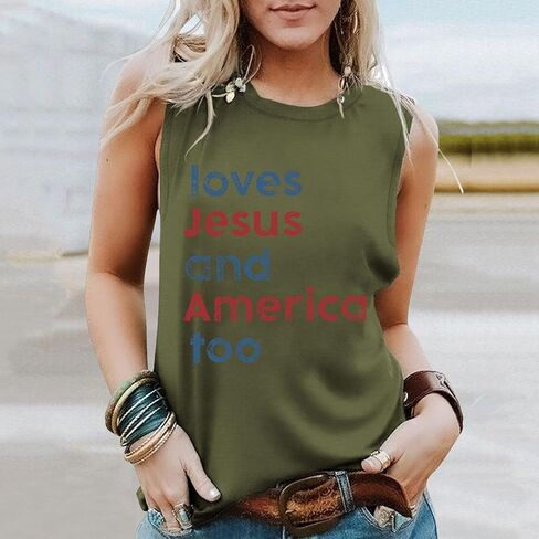 Women's Summer Loves and America Too Lettering Printed Round Neck Sleeveless Tank Top 2X Tunic Tops for Women in Saudi Arabia