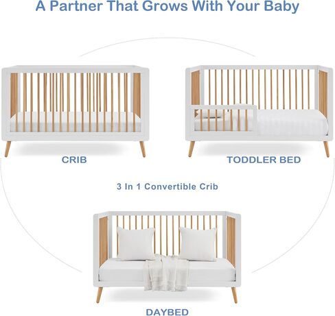 3-in-1 Tatum Convertible Baby Crib - Included Toddler Guard Rail, Grows with Your Baby, Conversion Kit to Toddler Bed and Day Bed, 4 Adjustable Support Base Height | White and Natural in Kuwait