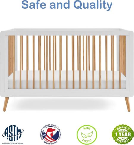 3-in-1 Tatum Convertible Baby Crib - Included Toddler Guard Rail, Grows with Your Baby, Conversion Kit to Toddler Bed and Day Bed, 4 Adjustable Support Base Height | White and Natural in Kuwait
