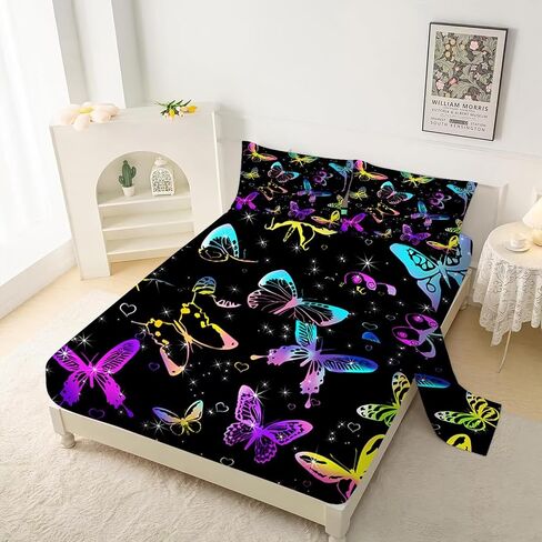 Kids Butterfly Sheets Set Queen for Girls Boys Room Decor Cute Microfiber Bed Sheets for Boys Girls Kids and Toddler, Bed in a Bag Packaged with 1 Fitted Sheet 1 Flat Sheet 2 Pillowcases in Saudi Arabia