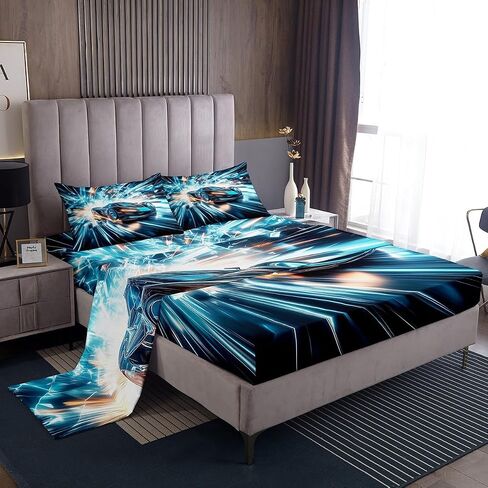 Erosebridal Toddler Boys Race Car Queen Size Bed Sheets,Extreme Sports Gaming Themed Sheets with Aqua Teal Gradient Stripes & Black,Cool Speed Carro Racing Car Kids Room Decor Bed Set for Kids Teen in Saudi Arabia