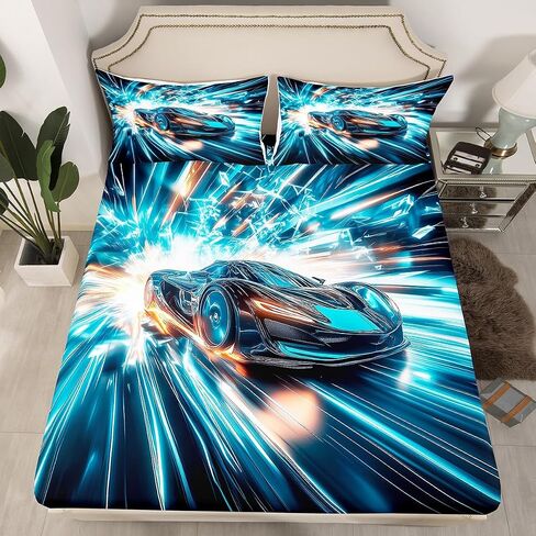 Erosebridal Toddler Boys Race Car Queen Size Bed Sheets,Extreme Sports Gaming Themed Sheets with Aqua Teal Gradient Stripes & Black,Cool Speed Carro Racing Car Kids Room Decor Bed Set for Kids Teen in Saudi Arabia