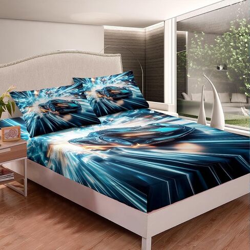 Erosebridal Toddler Boys Race Car Queen Size Bed Sheets,Extreme Sports Gaming Themed Sheets with Aqua Teal Gradient Stripes & Black,Cool Speed Carro Racing Car Kids Room Decor Bed Set for Kids Teen in Saudi Arabia