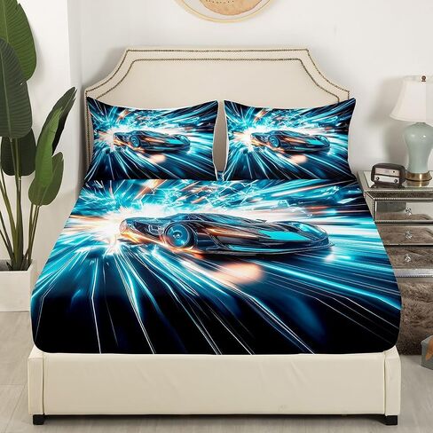 Erosebridal Toddler Boys Race Car Queen Size Bed Sheets,Extreme Sports Gaming Themed Sheets with Aqua Teal Gradient Stripes & Black,Cool Speed Carro Racing Car Kids Room Decor Bed Set for Kids Teen in Saudi Arabia
