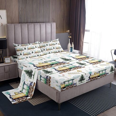 Erosebridal Watercolor Green Train Queen Sheet Set Kids Cartoon Railway Sheets for Boys Toddler Gift, Cute Clouds Stars Transportation Theme Bed Sheets Set with 2 Pillow Cases in Kuwait