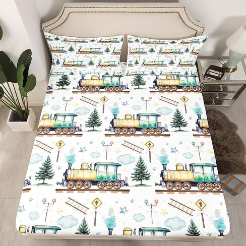 Erosebridal Watercolor Green Train Queen Sheet Set Kids Cartoon Railway Sheets for Boys Toddler Gift, Cute Clouds Stars Transportation Theme Bed Sheets Set with 2 Pillow Cases in Kuwait