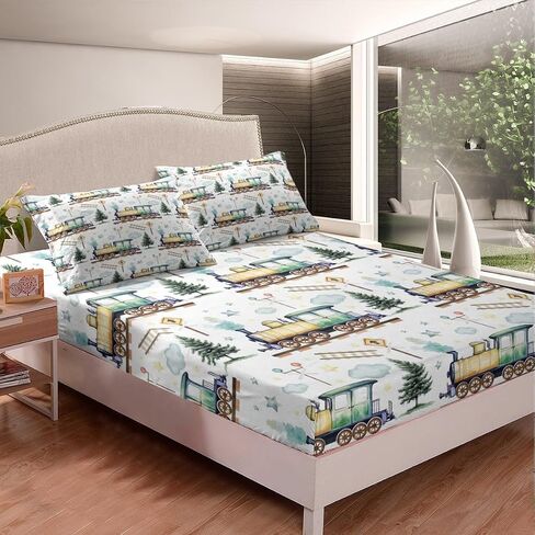 Erosebridal Watercolor Green Train Queen Sheet Set Kids Cartoon Railway Sheets for Boys Toddler Gift, Cute Clouds Stars Transportation Theme Bed Sheets Set with 2 Pillow Cases in Kuwait