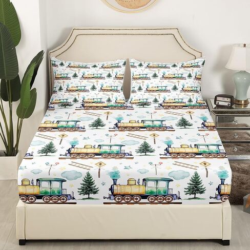 Erosebridal Watercolor Green Train Queen Sheet Set Kids Cartoon Railway Sheets for Boys Toddler Gift, Cute Clouds Stars Transportation Theme Bed Sheets Set with 2 Pillow Cases in Kuwait