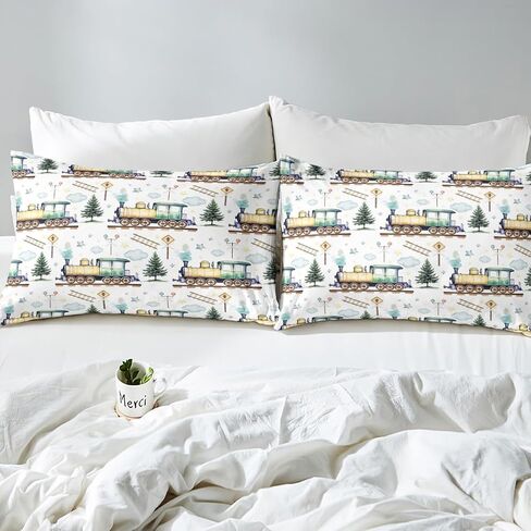 Erosebridal Watercolor Green Train Queen Sheet Set Kids Cartoon Railway Sheets for Boys Toddler Gift, Cute Clouds Stars Transportation Theme Bed Sheets Set with 2 Pillow Cases in Kuwait