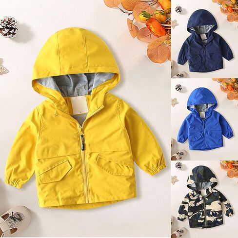 Little Girls Boys Rain Jacket Lightweight 𝐖aterproof Solid Fall Raincoat Zipper Hooded Lined Windbreaker in Kuwait