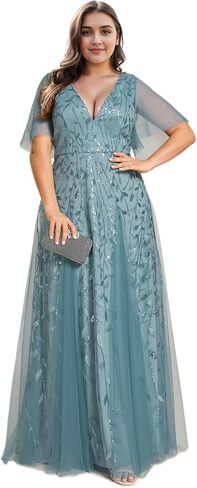 Ever-Pretty Womens Plus Size V Neck Embroidered Sparkle Long Semi Formal Dresses Blue US20 in Kuwait