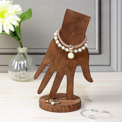 MOOCA 2 Pcs Set Multi-Functional Tabletop or Wall-Mountable Wooden Hand-Shaped Jewelry Display Stand For More Bracelet Storage, Premium Real Wood Sturdy Base, Brown Color in Saudi Arabia
