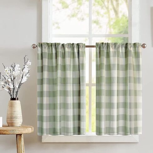Poplin Buffalo Tear Window Window Valance 2 قطعة ضجة المنزل نافذة مطبخ غرفة نوم ديكور (حكيم وأبيض) in Kuwait