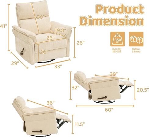 Oversized Rocking Chair Nursery with Adjustable Headrest, 26" Extra Wide Glider Recliner Nursery Chair for Nursery, 360° Swivel Rocker Recliner with Overstuffed Armrest, Beige in Kuwait