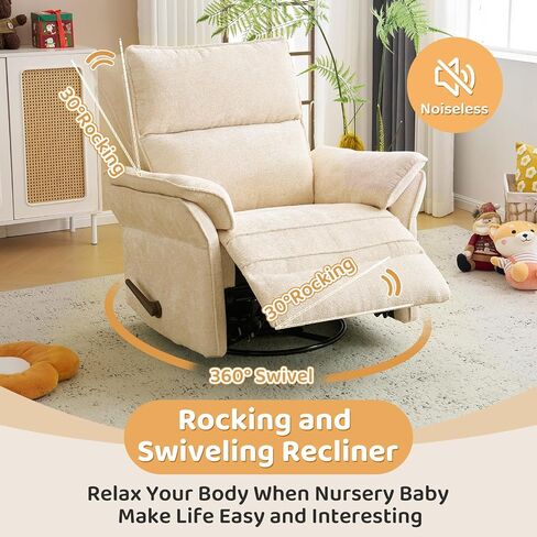 Oversized Rocking Chair Nursery with Adjustable Headrest, 26" Extra Wide Glider Recliner Nursery Chair for Nursery, 360° Swivel Rocker Recliner with Overstuffed Armrest, Beige in Kuwait