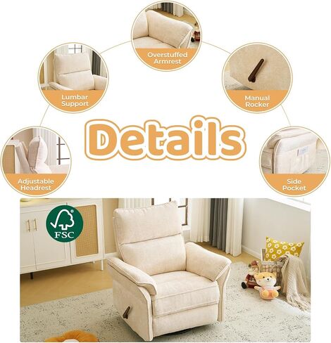 Oversized Rocking Chair Nursery with Adjustable Headrest, 26" Extra Wide Glider Recliner Nursery Chair for Nursery, 360° Swivel Rocker Recliner with Overstuffed Armrest, Beige in Kuwait