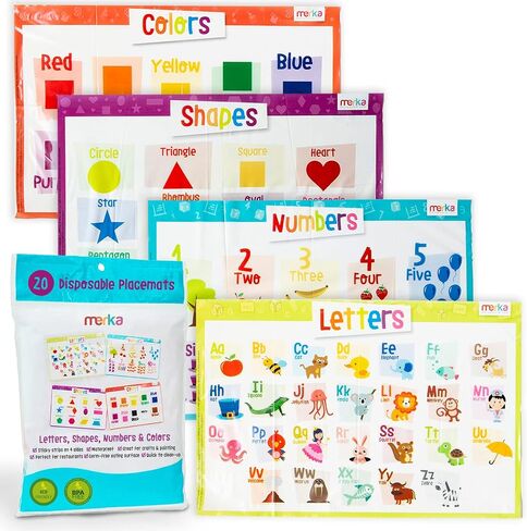 merka Disposable Placemats for Baby and Toddlers 12" x 18", 20 Pack Stick-on Table Mats for Restaurants, Includes Shapes, Numbers, Letter & Colors in Saudi Arabia
