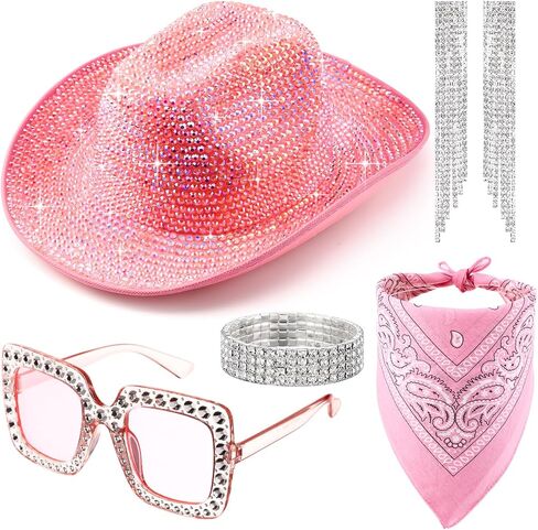 Cuffbow Set of 5 Rhinestone Cowgirl Hat Sunglasses Bling Bracelet Tassel Earrings Bandana Set for Women Cosplay Halloween in Saudi Arabia