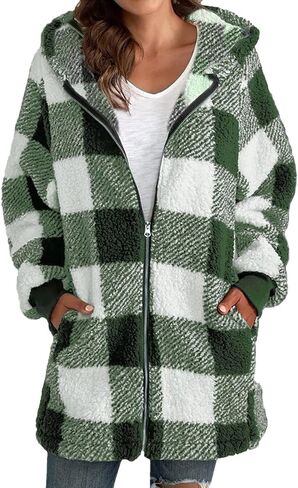 أكواخ للنساء 2024 Fall Flannel zip up غلاف منقوش غامض بالإضافة إلى حجم هوديسي طويل الشتاء مع جيب in Kuwait
