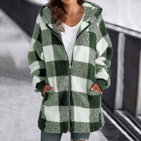 أكواخ للنساء 2024 Fall Flannel zip up غلاف منقوش غامض بالإضافة إلى حجم هوديسي طويل الشتاء مع جيب in Kuwait